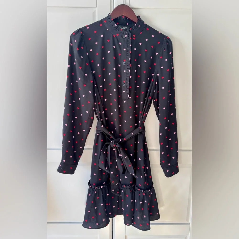 Kate Spade New York Darling Hearts Ruffle Shift Black Dress w Hearts Size:Medium